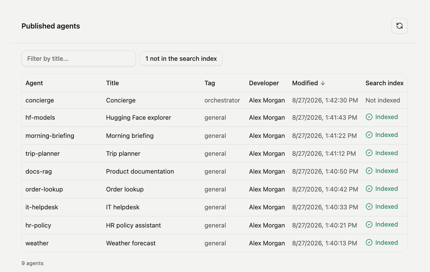 The Published agents list with search-index status per agent