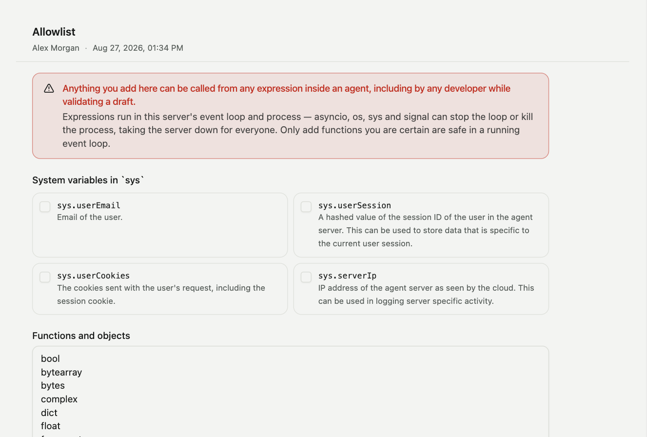 The Allowlist page: the sys variables and functions expressions may use