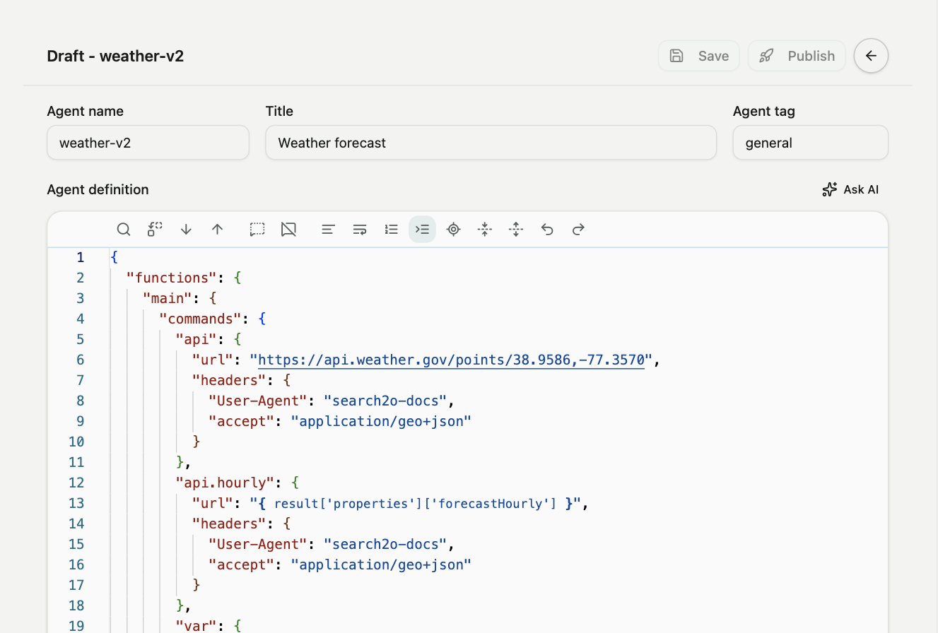 The draft editor: name, title and tag above the definition editor
