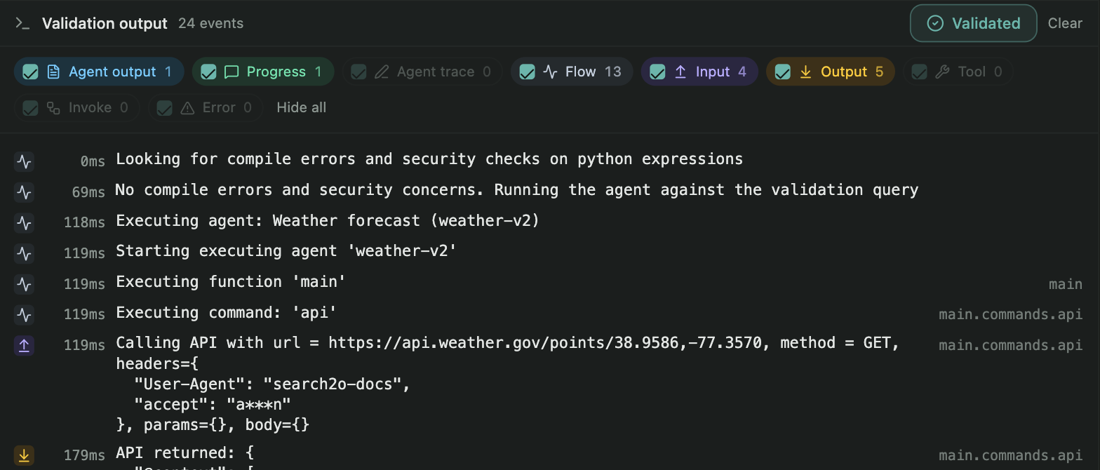 The validation output: event filters and the trace of an execution, one line per command with its path
