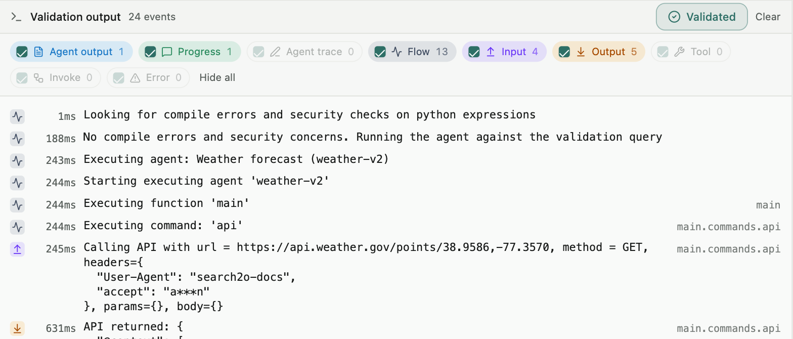 The validation output: event filters and the trace of an execution, one line per command with its path